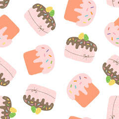 Seamless pattern with various Easter cake painted with crayon