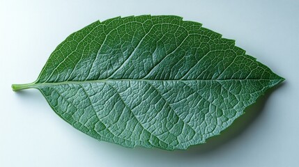 Obraz premium Single green leaf with visible veins isolated on white background.