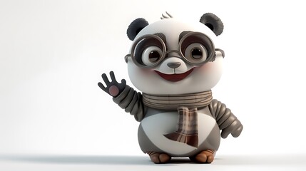 Adorable Panda Bear Cartoon Character Waving Hello Wearing Glasses and Scarf