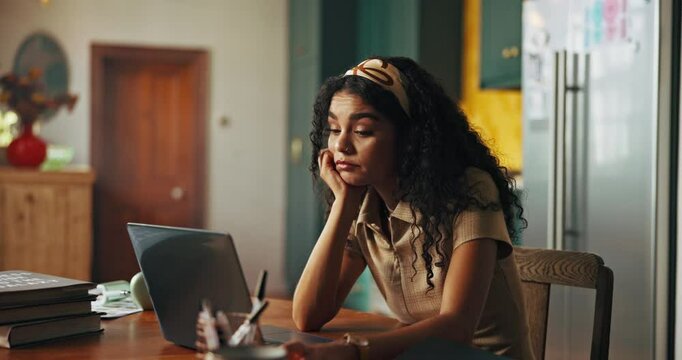 Bored, online and woman with laptop, home and tired of repetition of assignment on website and student. Exhausted, elearning and person with tech for exam, digital and thinking of scholarship in dorm