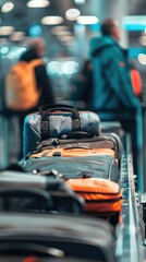 Fototapeta premium Close-up oftravelerplacing bag on conveyobelt at airport securitycheckpoint,showcasingmeticulous securityprocess with focus on bagand conveyor belt.