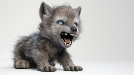 Obraz premium Adorable Gray Wolf Pup Showing Teeth in Studio Setting A Cute Baby Animal Portrait