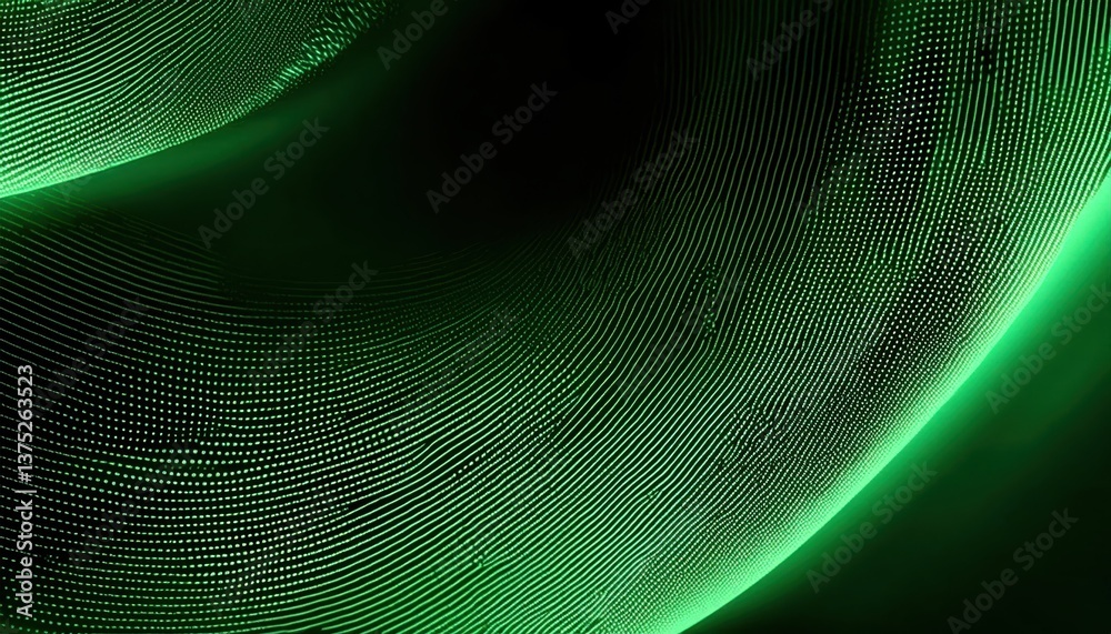 Poster green digital wave with glowing neon particles, abstract futuristic matrix background, fluid motion of illuminated data points

