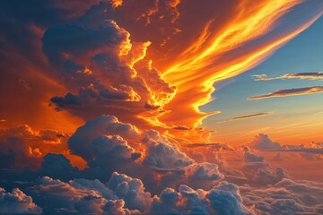 Vibrant Fiery Orange Sky Filled with Dynamic Billowing Clouds