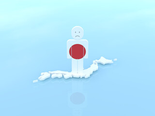 白い日本の上に立つ怒るアイコン人　国旗　3Dイラストレーション