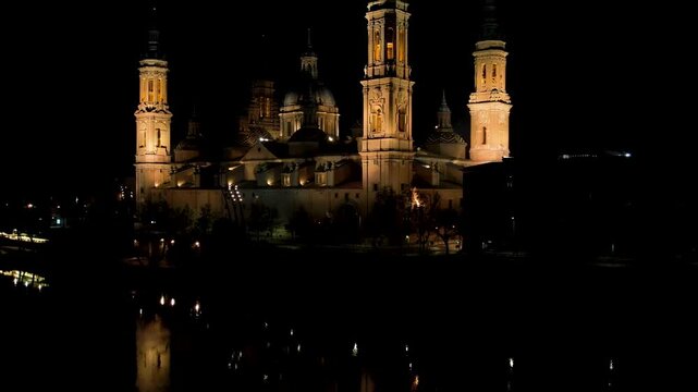 Zaragoza Cathedral of Pilar aerial night view. High quality 4k footage