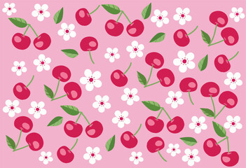 A seamless pattern featuring bright red cherries with green leaves ,Seamless pattern, floral print, seamless pattern, surface design, textile design