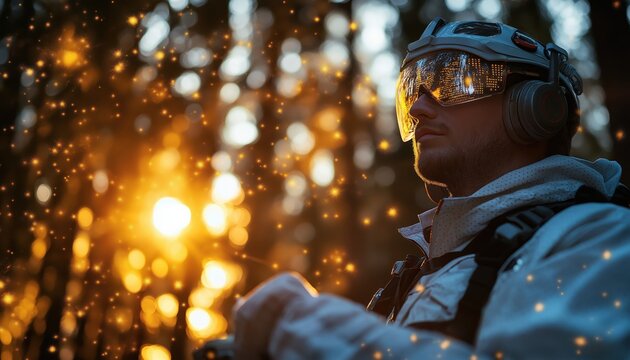 FutureTech Explorer Man with AR Visor in Golden Hour Forest Setting