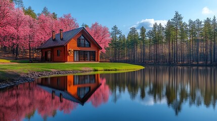 Obraz premium Spring Cabin Reflection Pond