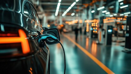 Obraz premium FutureTech Electric Car Charging in Modern Factory - Sustainable Auto Production