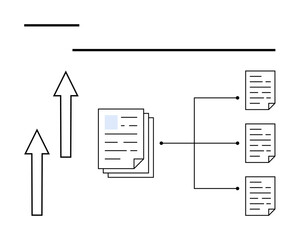 Central documents with arrows and linked files symbolizing data flow, structure, and organization. Ideal for process management, information flow, data sharing, business hierarchy, task delegation © robu_s