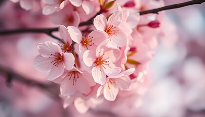Delicate pink cherry blossoms, soft focus macro photography, springtime bloom, pastel colors, natural bokeh background, floral beauty