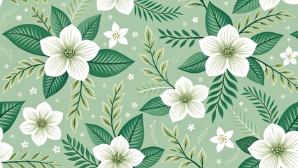 seamless floral pattern featuring white flowers with five petals and green leaves of varying shapes on a light green background, ideal for wallpaper, fabric, gift wrapping, crafting, and digital art