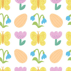 Crayon drawn seamless pattern with Easter egg, butterfly, snowdrops, tulip