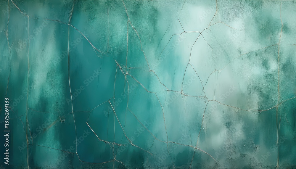Poster cracked turquoise glass texture with intricate fractures and subtle light reflections, abstract back
