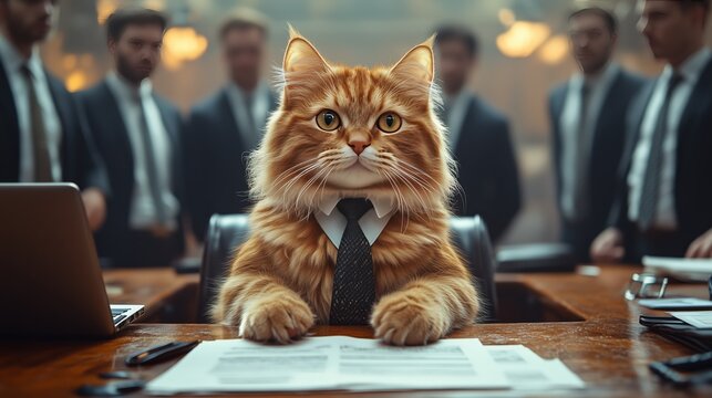 Long-haired orange cat dressed in business attire sits at a conference table with documents, surrounded by blurred professionals in suits.