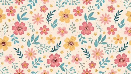 vibrant floral pattern with pink, orange, and yellow flowers and blue-green leafy accents on a cream background, perfect for textiles, wallpapers, gift wrapping, and home decor
