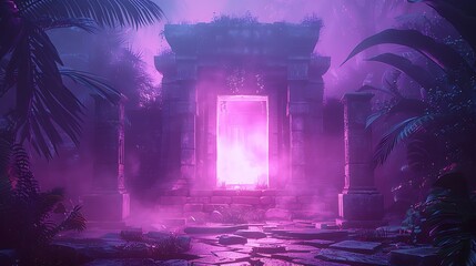Mysterious Purple Portal in Ancient Tropical Ruins Fantasy Gateway to Another World