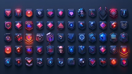 Collection of Futuristic Glowing Game Badges or Awards Sci fi UI Design Elements