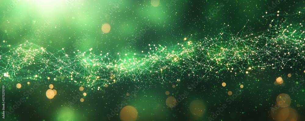 Poster abstract green digital pattern with a glowing particle network