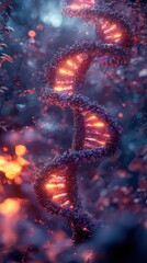 A glowing DNA helix surrounded by a mystical, colorful atmosphere, symbolizing life, science, and the essence of genetic material.