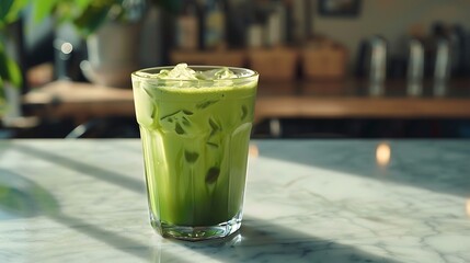 Refreshing Iced Matcha Latte in Glass on Marble Table Sunlit Cafe Scene