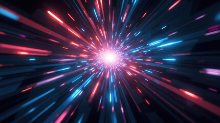 A fast energy burst of glowing neon trails, radial blur, and light warp creates an abstract, futuristic design, perfect for a modern technology-inspired background.