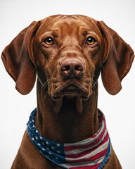 Vizla dog wearing a ripped American flag bandana