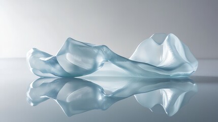 An abstract background of a stretched, semi-transparent gel-like substance with reflections and fluid motion. Soft lighting emphasizes texture, creating a modern elasticity concept with copy space.