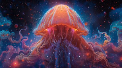 Magnificent Illuminated Jellyfish in Cosmic Ocean Scene Digital Art Illustration