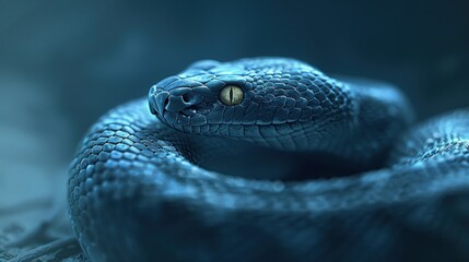 Close up of a Blue Snake, Mysterious blue snake coiled, ready to strike.