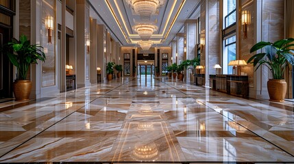 Obraz premium Luxurious Hotel Lobby Interior Design Elegant Marble Flooring and Crystal Chandeliers