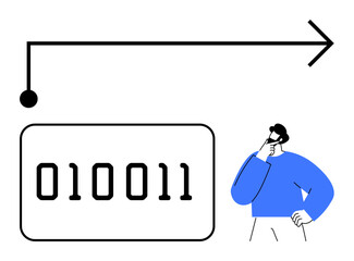 Binary code inside a rectangle, human figure thinking, and a directional arrow above. Ideal for programming, logic, decision-making, analysis, AI computing and problem-solving. Flat simple metaphor