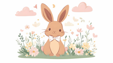A sweet bunny in a bow tie, nestled among delicate pastel flowers in a whimsical spring meadow, with soft, muted color palette and a gentle, dreamy style.