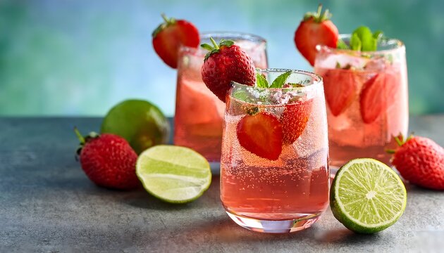 Strawberry Lime Fizz- A sparkling drink made with fresh strawberries, lime juice, and soda water
