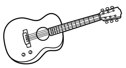 A simple line drawing of an acoustic guitar, ready for coloring, showcasing its elegant curves and delicate details in a classic style.