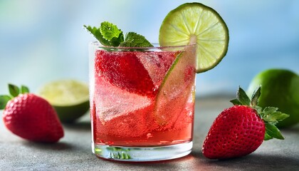 Strawberry Lime Fizz- A sparkling drink made with fresh strawberries, lime juice, and soda water
