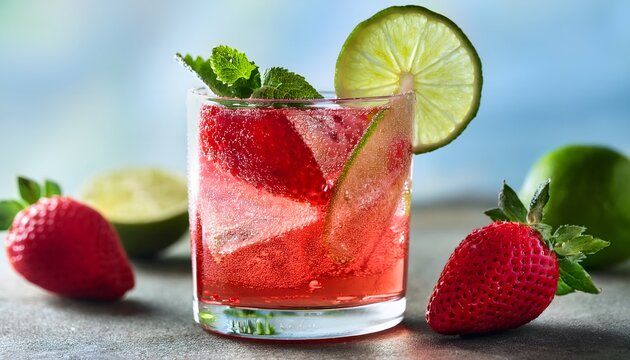 Strawberry Lime Fizz- A sparkling drink made with fresh strawberries, lime juice, and soda water