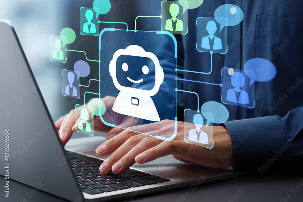 Poster AI agent and customer support. Artificial intelligence helping and assisting customer. Man using laptop computer to ask questions to AI at desk.