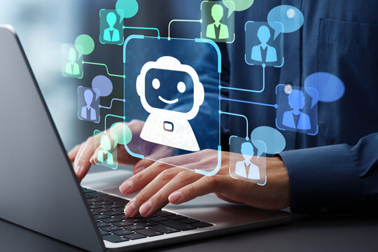 AI agent and customer support. Artificial intelligence helping and assisting customer. Man using laptop computer to ask questions to AI at desk.