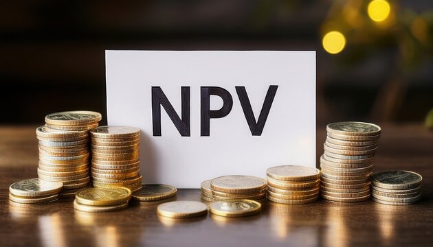 Net Present Value Coins stacked next to a paper showing NPV, representing financial measurement concept.