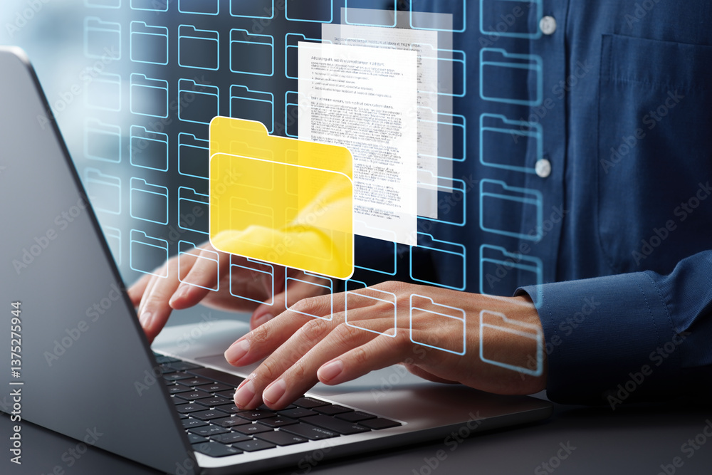 Poster Document management system DMS and archival storage. Folder icons and text document files. Businessman using laptop computer to save documents backup folder.