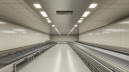 Naklejka premium A clean, well-lit packaging conveyor system with a space above the moving conveyor belt for logo placement.