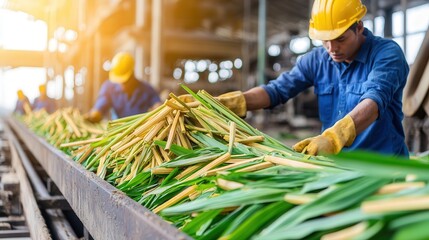 A worker sorts sugarcane on a production line in an industrial setting, wearing safety gear and focused on the task.