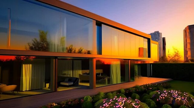 Modern luxury real estate exterior with sleek design, glass walls, and a beautifully landscaped yard, featuring vibrant sunset lighting and a contemporary urban skyline in the background