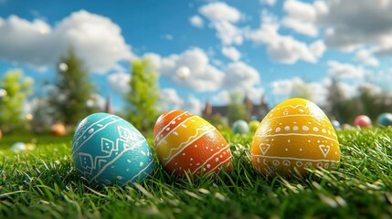 Fototapeta premium Vibrant painted Easter eggs nestled in the lush green grass against a serene backdrop of a blue sky and fluffy clouds creating a picturesque springtime scene