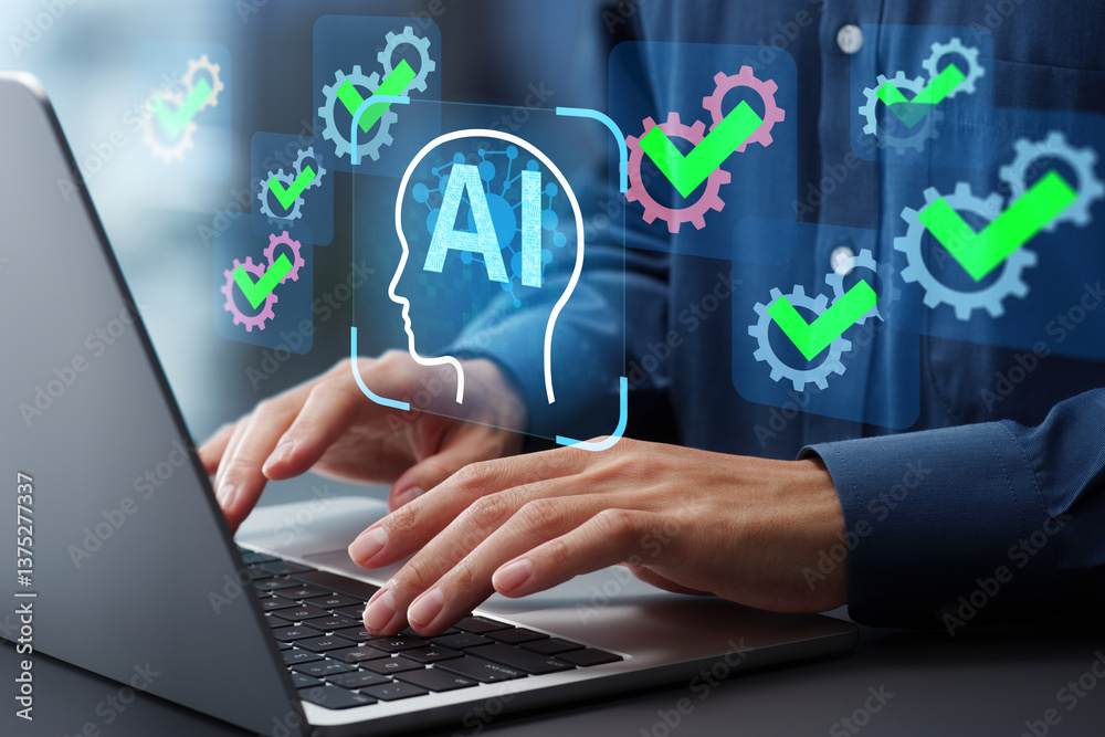 Leinwandbilder Generative AI generating program code. AI-driven automation for programming and debugging. System engineer using a laptop to instruct AI in development.