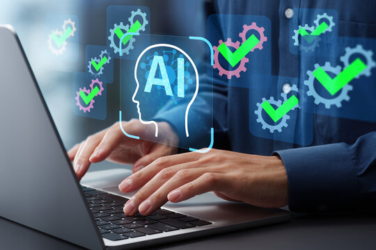 Generative AI generating program code. AI-driven automation for programming and debugging. System engineer using a laptop to instruct AI in development.