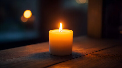 white candle burning softly on a wooden table, casting a warm, gentle glow in the dim light 