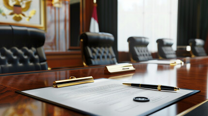 Close-up of an official presidential pardon document with wax seal and quill pen on wooden desk, blurred courtroom background, symbolizing legal authority in stock photography style.